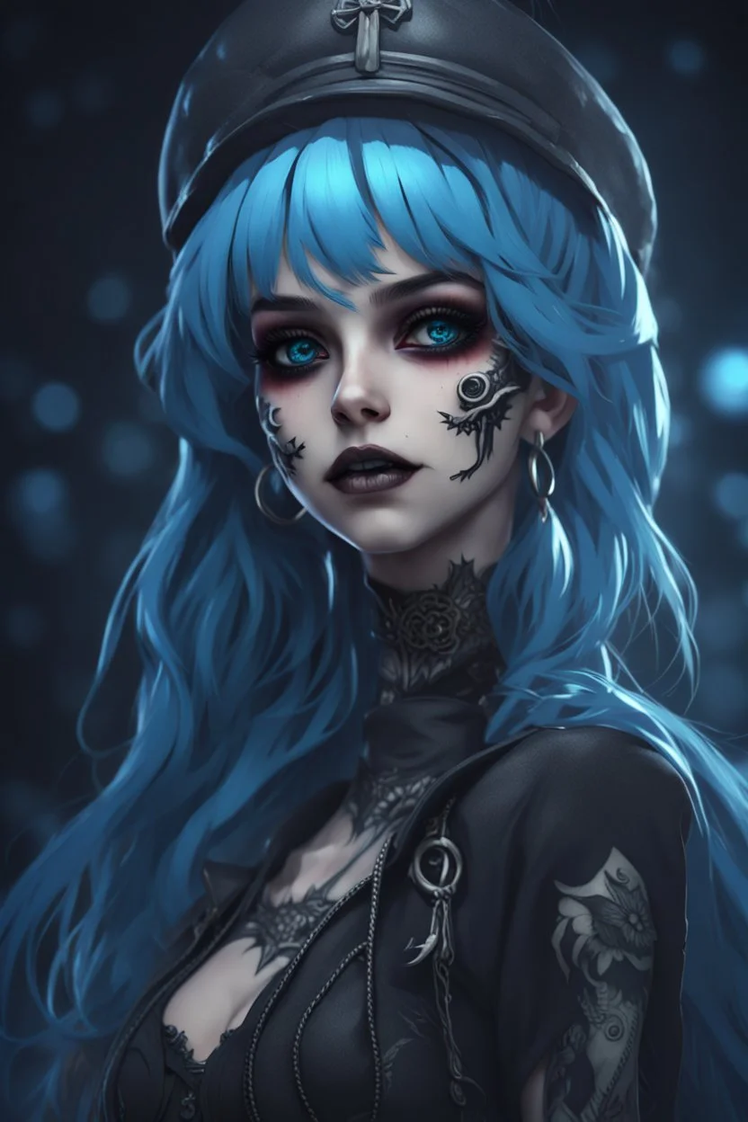 Close-up Portrait of a girl, skeleton face like night before Xmas, blue hair, 8k, 3d anime, goth