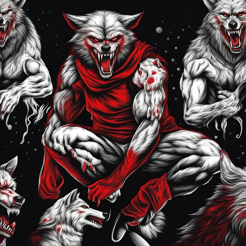 wolfman full body art illustration black background red and white color full body