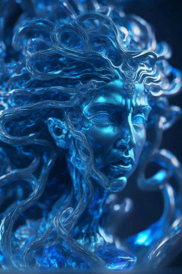 transparent gemstone Medusa, in blue fire chrome casino, high detail, 8k, cinematic, depth of field, art