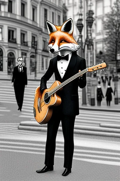 One single mature fox wearing tuxedo, playing guitar in the street , Vienna, mourning, model style, hyper realistic, extremely accurate, delicate, extremely detailed, Graphic novel style, wide-angle, open aperture, superfine pencil