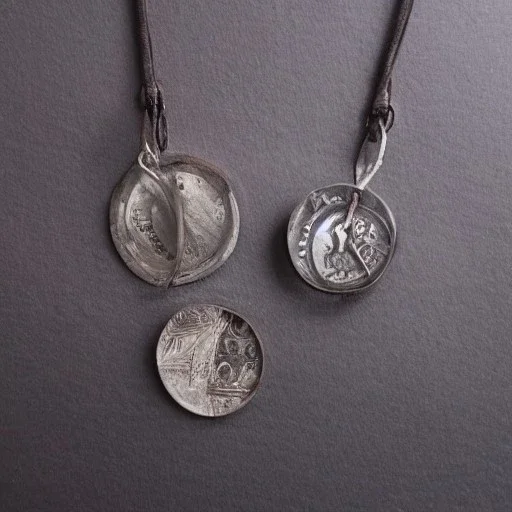 pendant in a form of two conjoined silver coins, watercolor, large strokes, illustration, fantasy