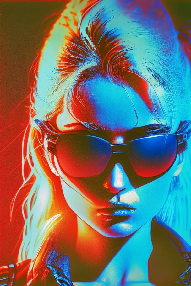 Photo of a beautiful, half broken blonde female Terminator, with dark sun glasses, bright red eye, Hollywood movie poster style, atmospheric blue light night time, high contrast dark moody lighting.