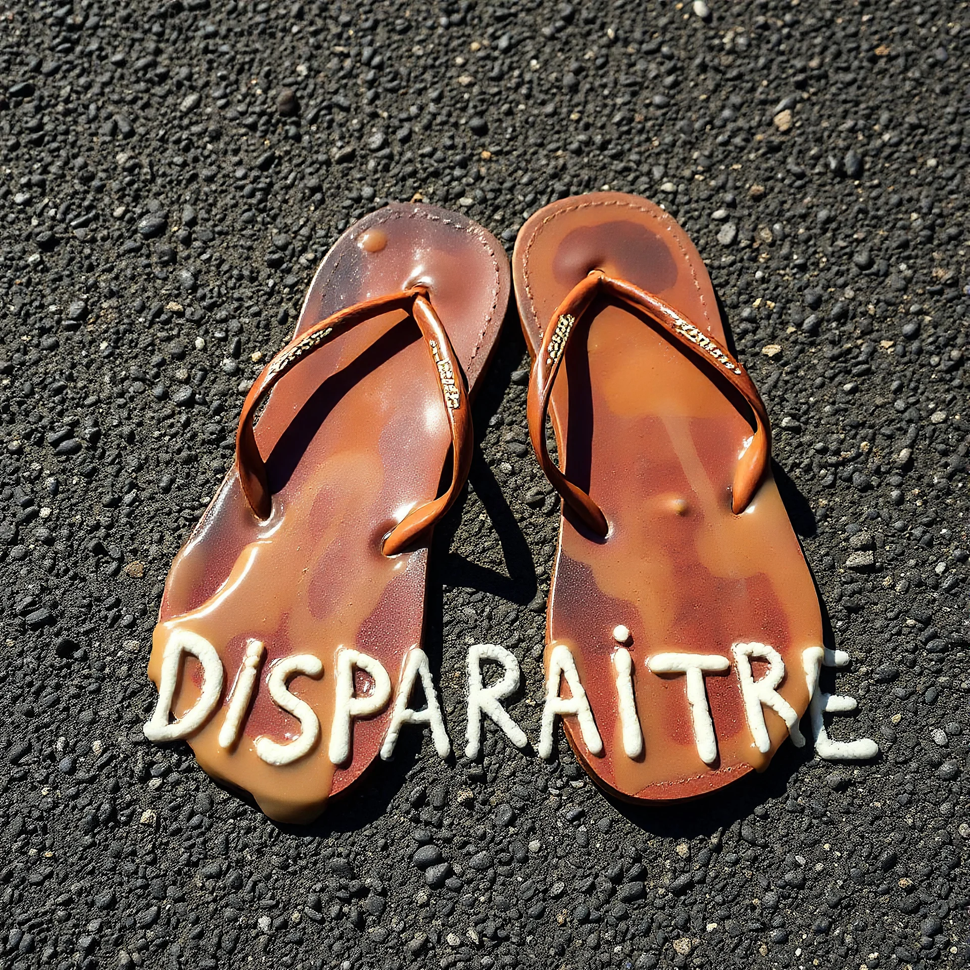 paire de tongs qui a fondu au soleil, ils dégoulinent sur le bitume, vintage, avec le mot français "DISPARAÎTRE" sur le bitume