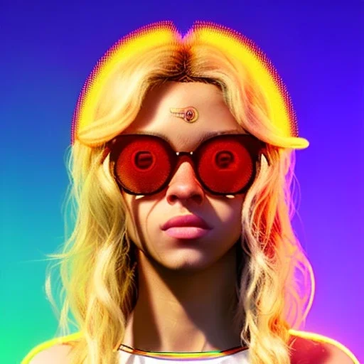 Shakira, artist, 30 years old, Realistic image, waist up portrait, etro style dress. Gucci sunglasses. Blonde, loose long hair, eyes make up, perfect, glow, circle iris. Neon colors, leds, geometric shapes. Cyberpunk. concept art, smooth, unreal engine 5, god lights, ray tracing, RTX, lumen lighting, ultra detail, volumetric lighting, 3d, finely drawn, high definition, 4k.