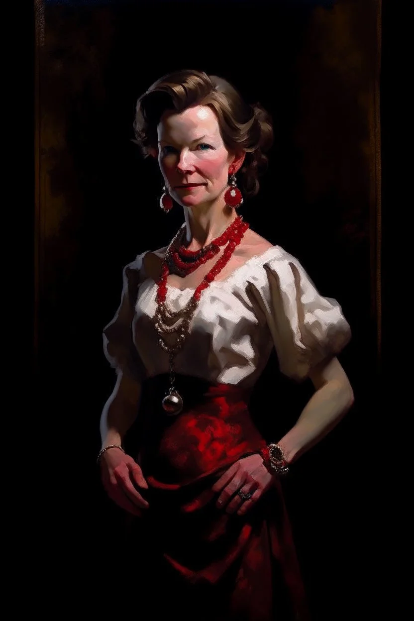 Full body image, Head to toe, Katherine Hepburn, well-shaped, perfect body, perfect face, large earrings, a necklace with a ruby heart jewel, a dark, stained wall in the background, oil painting in the art style of Gilbert Stuart