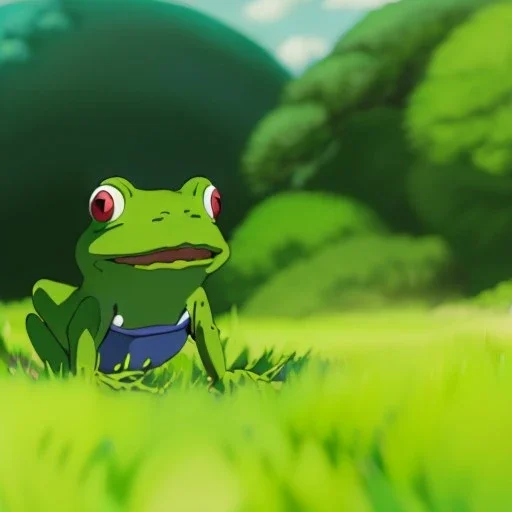 A green frog smiling with a blue hat on and wearing blue overalls skipping around in a field during a sunny day. Bokeh, fisheye.