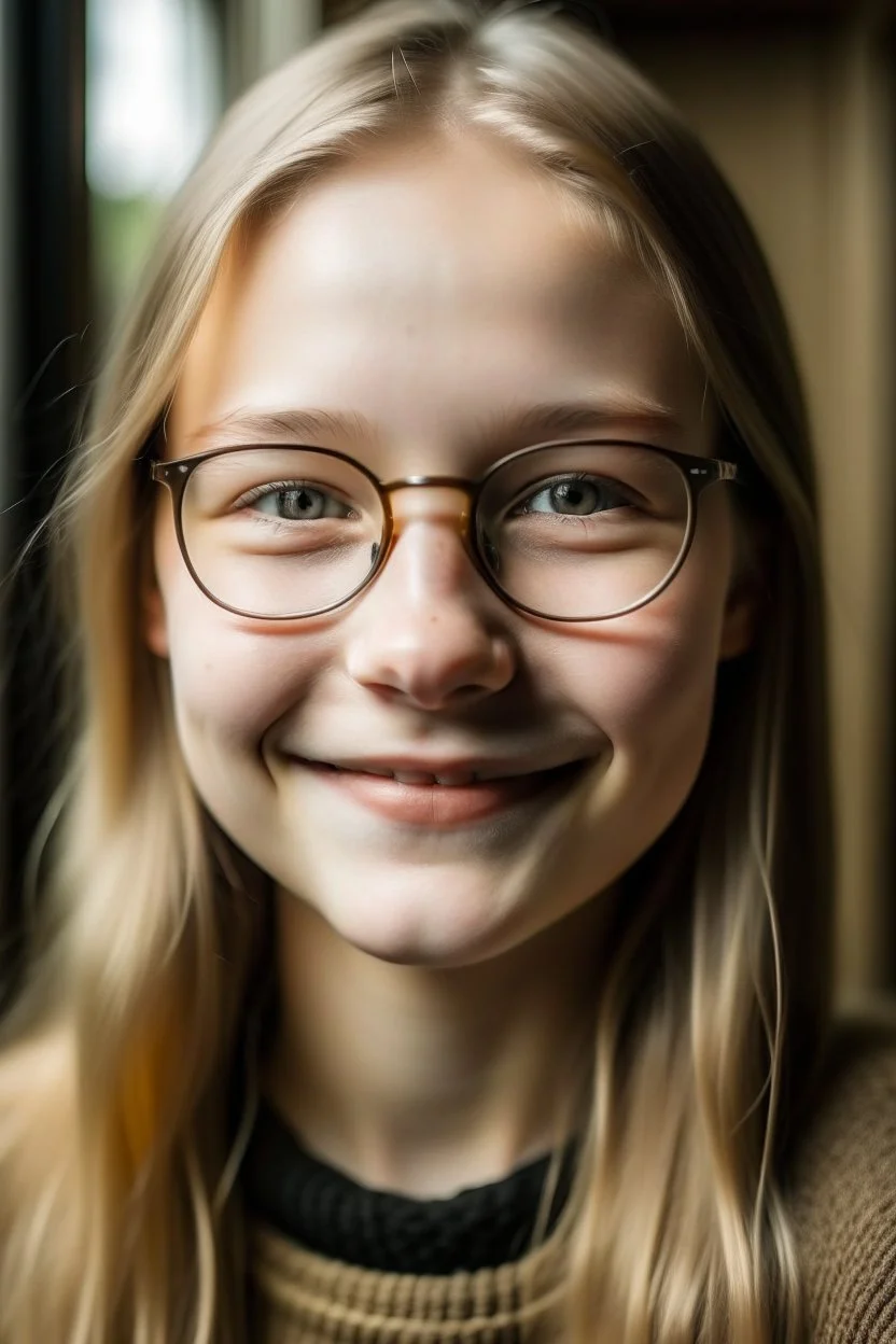 portrait of a 14 year old girl named Anna Petrov, friend of a main character of a youth novel, Slavic, full lips, blond hair, glasses smiling