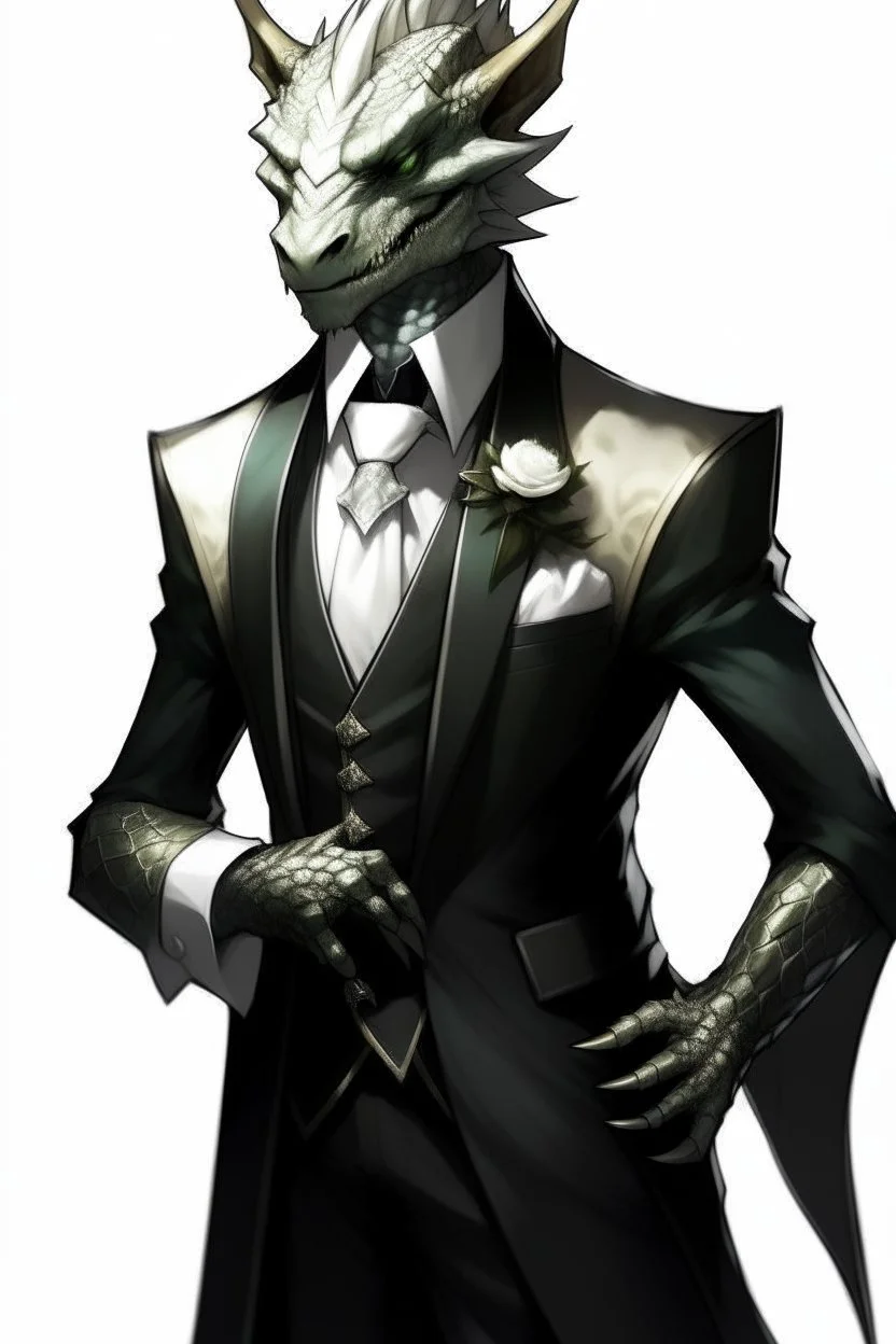 A silver Dragonborn from dnd wearing a tuxedo