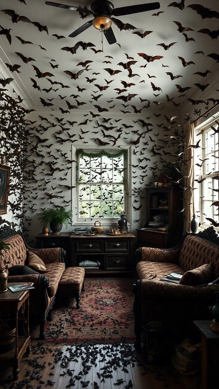 A room with furniture full of thousands of bats everywhere few on a the walls , ceiling, on the furniture coming all from an open window