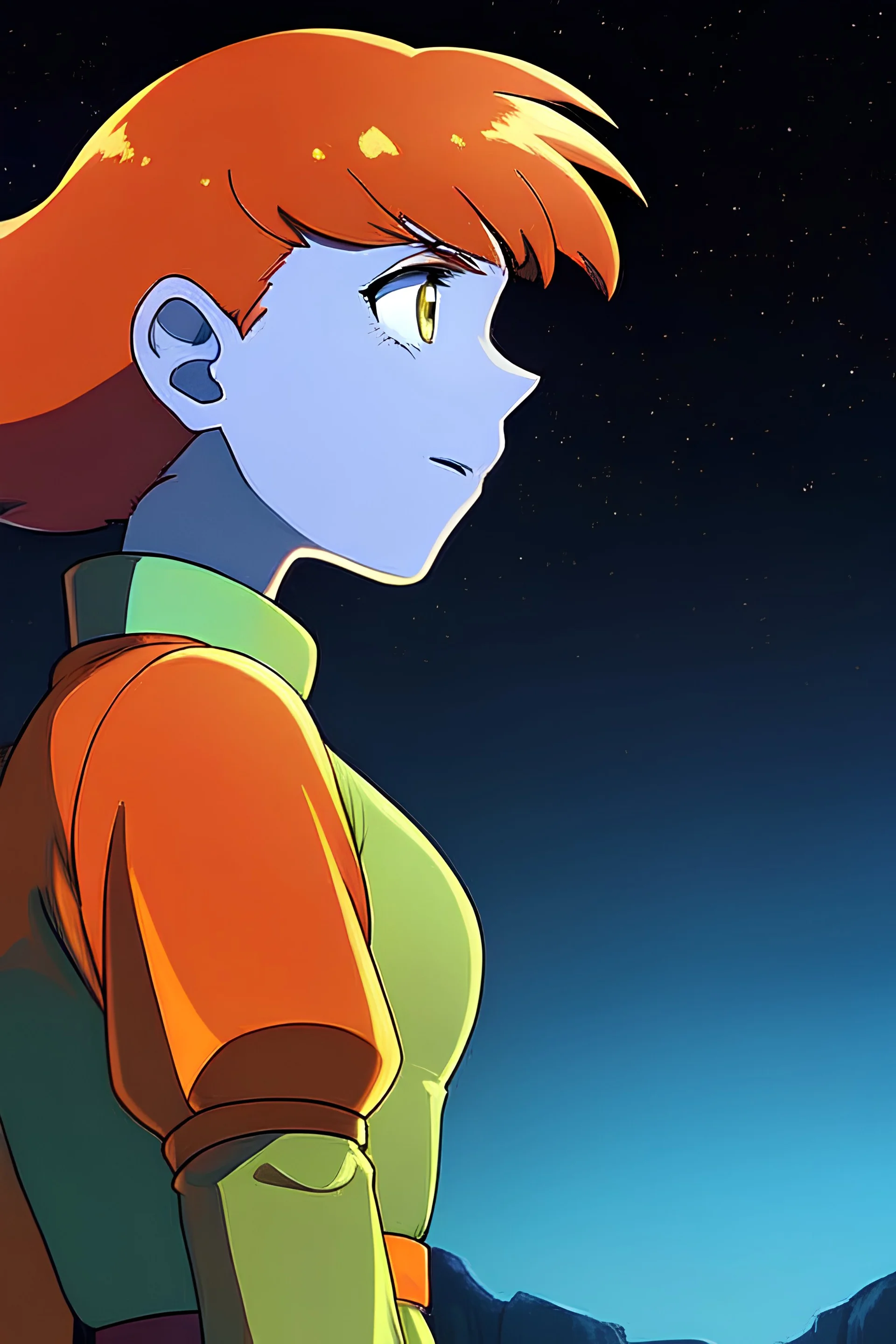 Dark background, nighttime, dark lighting, minimalist shading and depth detail, anime style, Studio Ghibli style, cel shading, sci-fi artwork by Moebius, nighttime blue highlights, extremely smooth blending, blue indigo violet red orange yellow green; AN ORANGE scientist Dark Zendaya girl with a bob, detailed face, yellow eyes, dense colorful cave ecosystem, sense of depth, little ALIEN reptile hybrid pet, spiked germs monster creatures, pollen particles, glitter pop detailing in the air