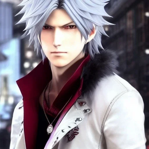 Detailed anime boy, crimson red hair, long parted hairstyle, devil may cry 5 dante hairstyle, wolf ears protruding out, white trench coat, intricate details, full body portrait, keep head in frame, slight smile, black Japanese motif, concept art, highly detailed, digital painting, concept art, sharp focus, illustration, art by Yoji Shinkawa, WLOP and greg rutkowski and alphonse mucha and artgerm and yanjun Chen and Junji ito and Makoto Shinkai, HDR, octane render, highly detailed