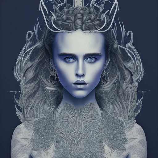 singer Danish MØ, intricate detail, darkblue tones