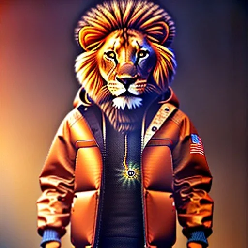 Lion toddler, smile, steampunk headphone, sunglass, gangsta neckless, full body, orange puffer jacket, tokio background, dramatic lighting, hyper realistic, unreal engine 5, 16k