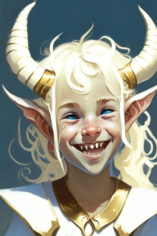 a child tiefling girl with white-blond hair and small horns, she wears white and gold and is happy