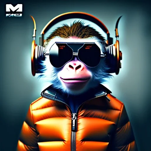 Monkey toddler, smile, steampunk headphone, sunglass, gangsta neckless, full body, orange puffer jacket, tokio background, dramatic lighting, hyper realistic, unreal engine 5, 16k