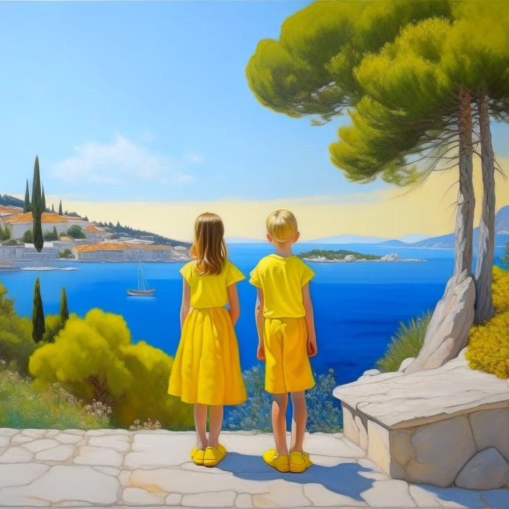 Neoclassicism realistic yellow cote d'azur landscape sea 2 childeren standing