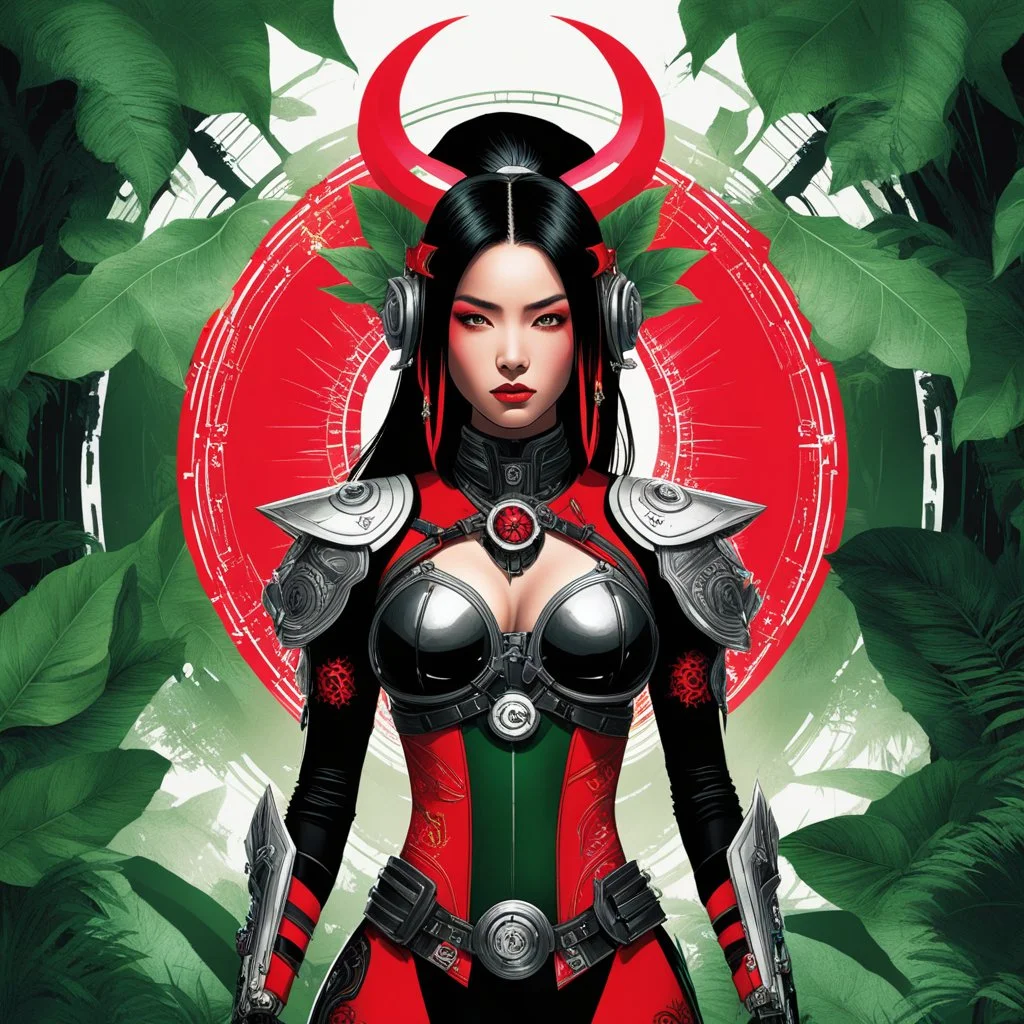 In the lush jungle, the Asian cyber-samurai superheroine, a symbol of power and grace, stands adorned in a red, futuristic harness with mechanical elements. Surrounded by vibrant green foliage and the mystical aura of a black and white Baphomet sigil, she embodies a fusion of tradition and technology. Her contemplative stance, with ink-like hair flowing, reflects a warrior in harmony with nature's whispers. As the crimson sun casts its glow upon her, she exudes strength and sophistication, a gua