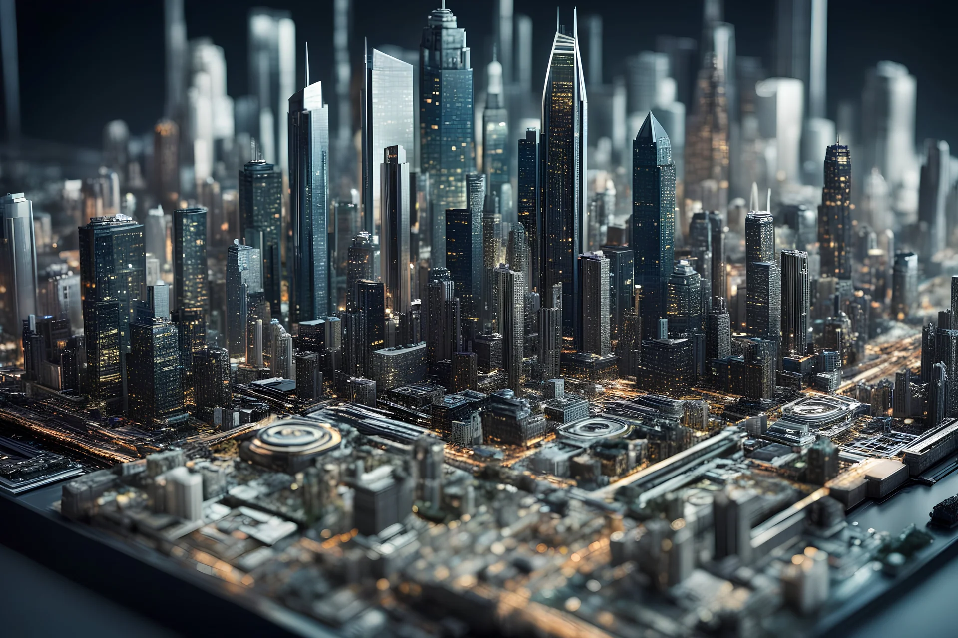 A futuristic metropolis seamlessly integrated into the intricate patterns of a desktop motherboard, emphasizing the convergence of technology and urban life, a photo-realistic depiction with vivid details of skyscrapers merging with circuitry, Photography, high-resolution DSLR with a 50mm lens, capturing the cityscape's reflective surfaces
