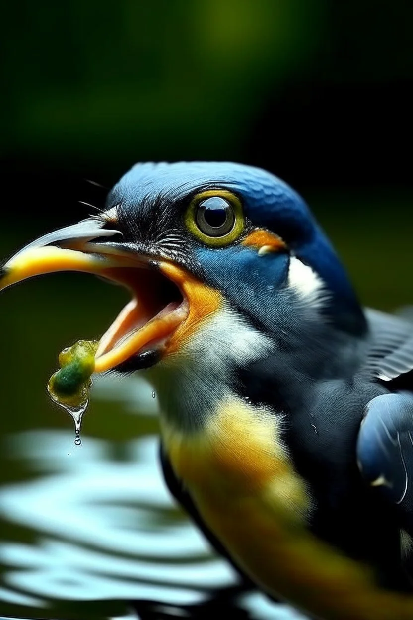 Generate an image of bird who is in water having fish in his mouth with real views