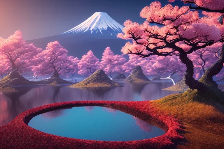 Japanese Fuji Mountain,eruption lava flows into the lake , concept art, smooth, extremely sharp detail, finely tuned detail, ultra high definition, 8 k, unreal engine 5, ultra sharp focus, illustration, magic ambient, bonsai cherry blossom trees , japanese gondolas .