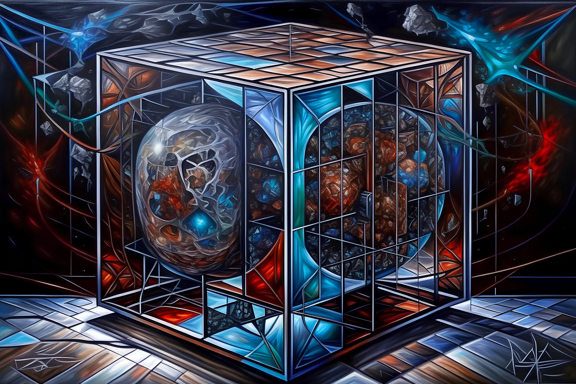 epic, oil-painting, immovable cube, coliding physical energy, with unstopable kenetic force, traveling in style, florecent, realism