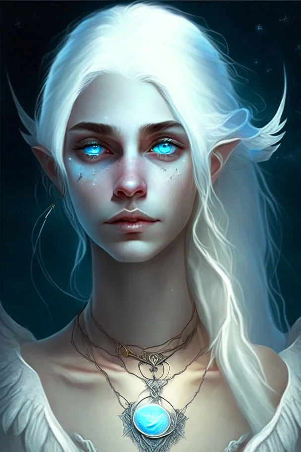 hauntingly beautiful character for dnd, young woman with white hair and blue eyes, angel, with moon necklace