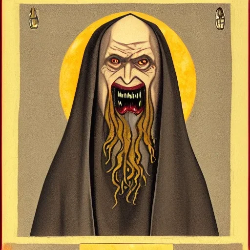 Nosferatu with yellow eyes with fleshy tentacle hair beard grey skin and red fangs as a Russian Orthodox