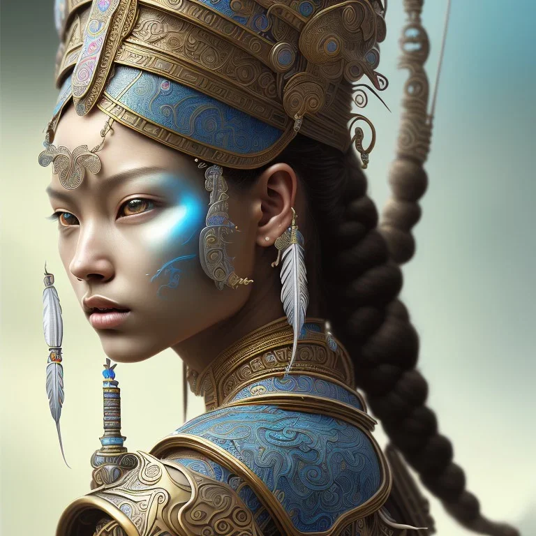 Sango fantasy, fantasy magic, intricate, sharp focus, illustration, highly detailed, digital painting, concept art, matte, art germ and Paul Lewin and Kehinde Wiley, masterpiece Mayan princess dancer head bronze feather's' Asian Latin girl nice breast brown Thai hair turquoise silver blue sky