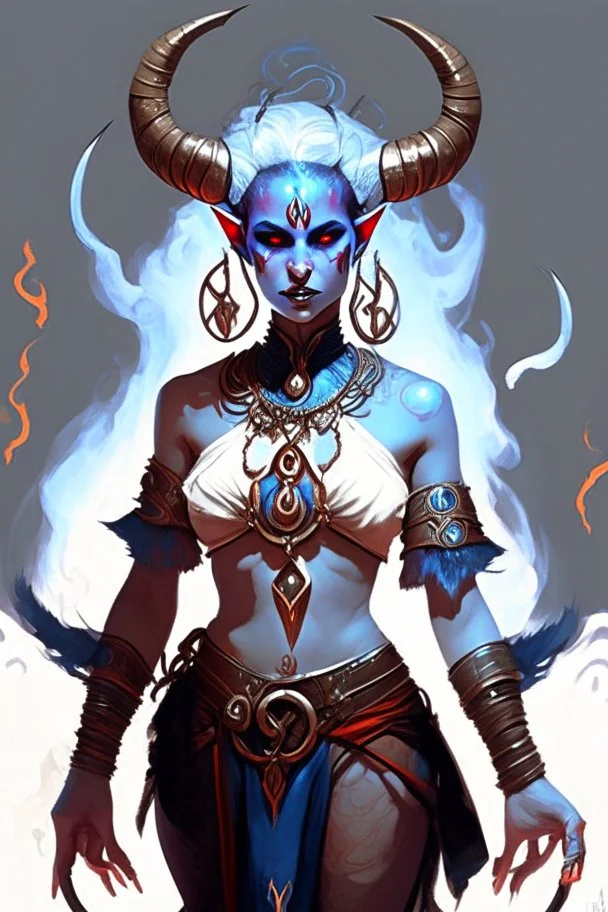 A full body image of this tiefling woman she has fire powers, she is floating she has lots of jewelry and the horns of a ram and also the horns of a gazelle, her outfit is white and her body is covered in tribal tattoos