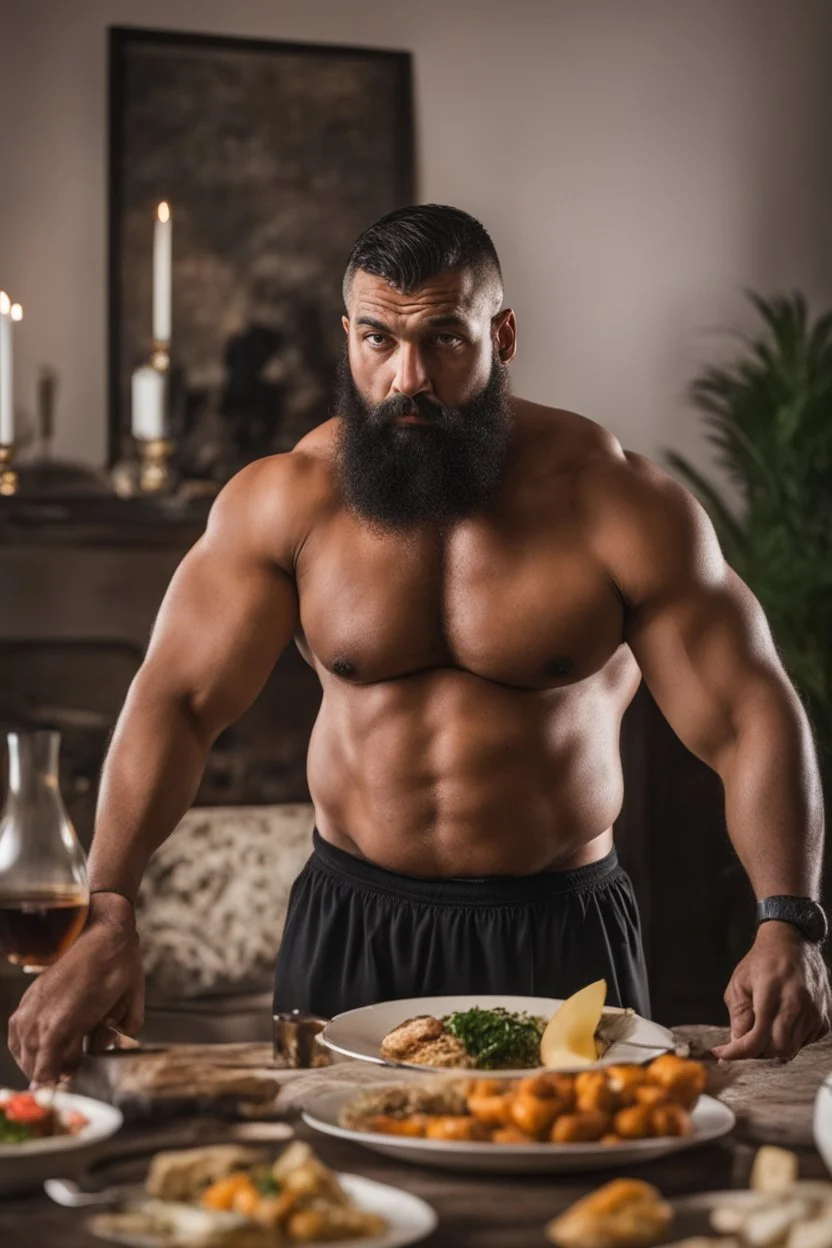 full figure shot photography of a burly ugly 30 year old italian boxer with big broken nose, very long muslim black beard, muscular beefy man shirtless, manly chest, big shoulders, shaved hair, bulge, in a modern dinner room, photorealistic