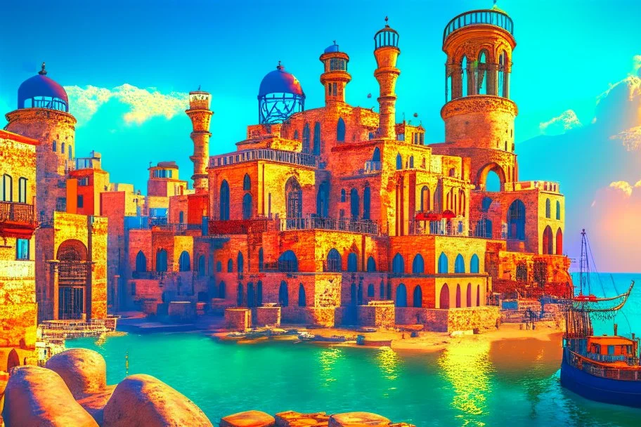 image taken of jaffa, by the sea shore, old stunning buildings, 4k, masterpice, award wining picture, in style of city of numemor from lord of the rigs