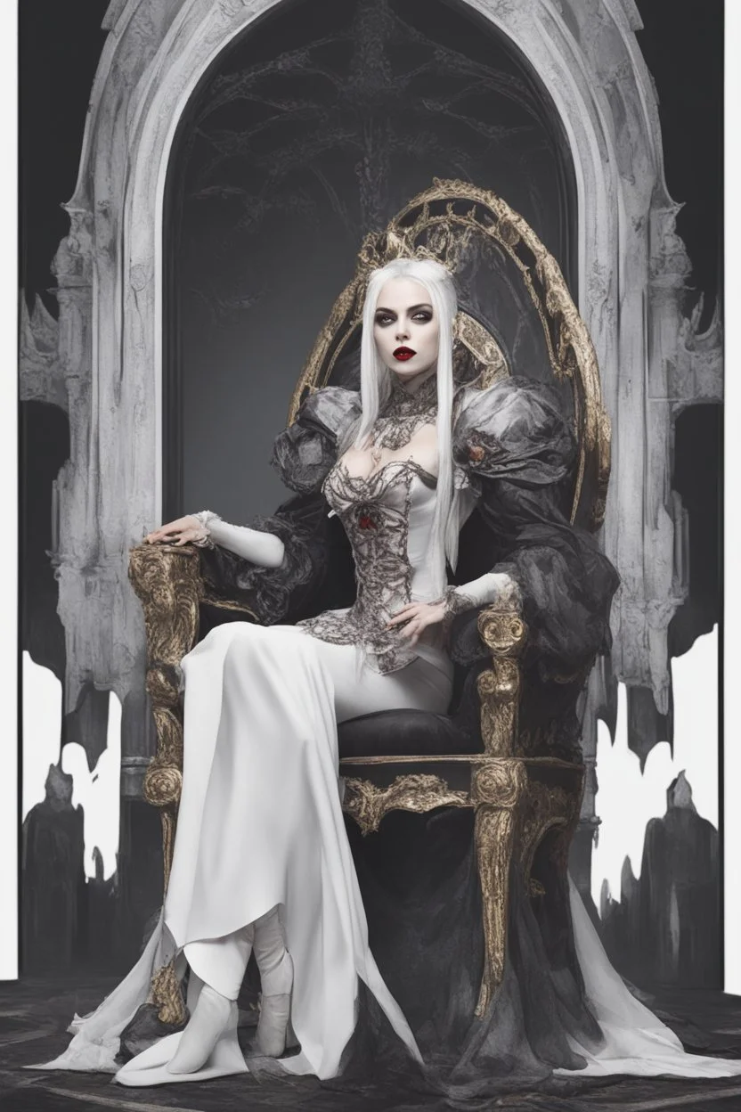 Vampire queen with white hair sitting on throne