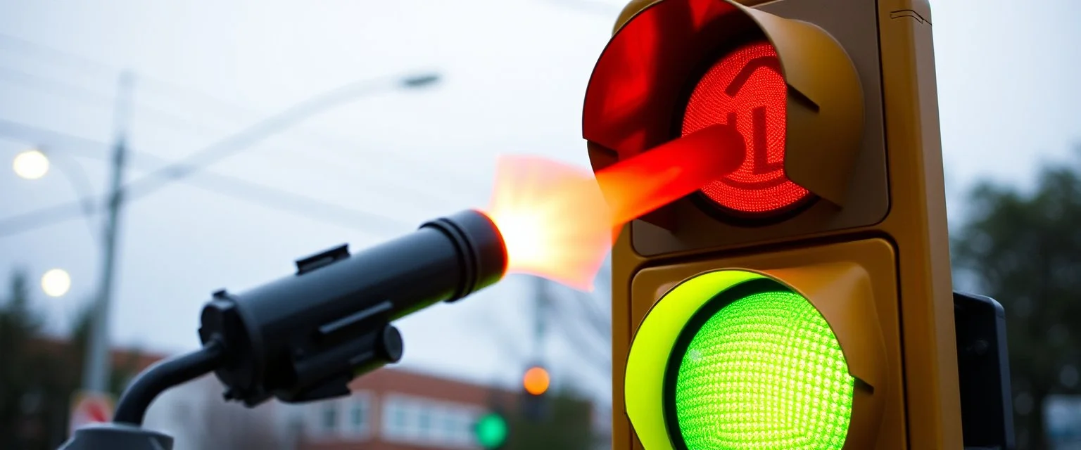 bazooka shooting a hot dog into a traffic light