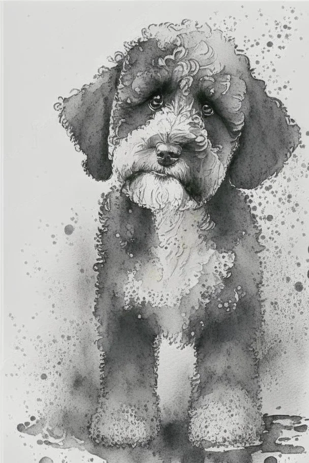 Abstract wet watercolour of a black and white bernadoodle, ink lines, splashy background detailed,focus on eyes, watercolour paper