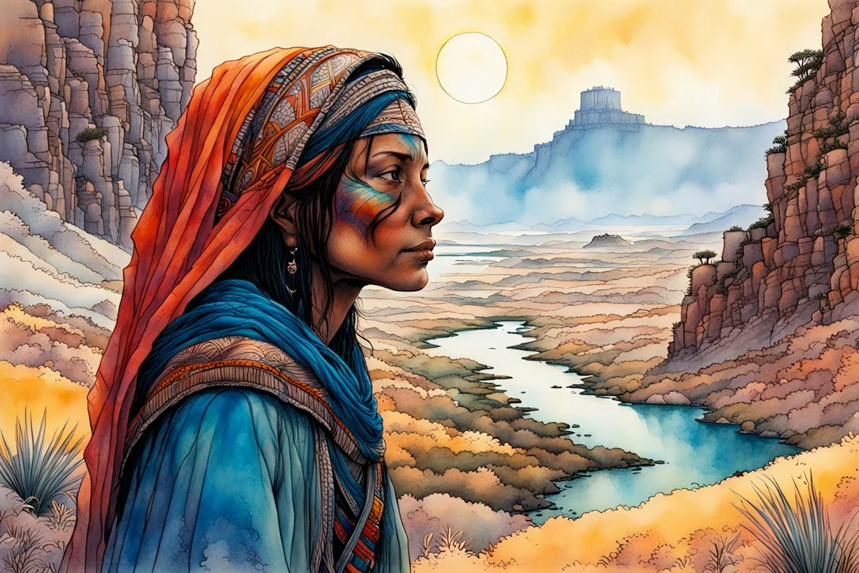 create an ink wash and watercolor portrait of a nomadic tribal shepherdess with highly detailed, delicate feminine facial features, inhabiting an ethereal tropical canyon land in the comic book style of Jean Giraud Moebius, David Hoskins, and Enki Bilal, precisely drawn, boldly inked, with vibrant colors