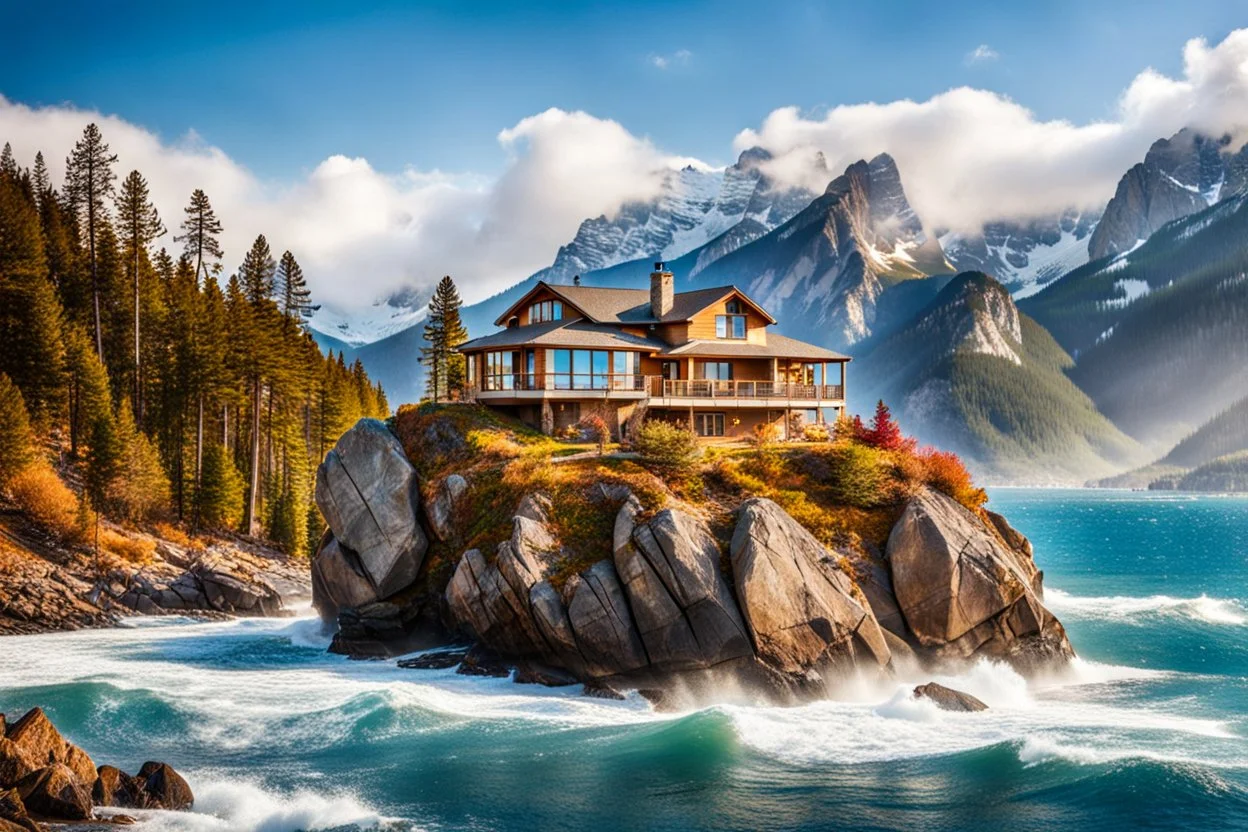 pretty dream houses in rocky mountain in wavy sea side, 1beautiful lady standing on rock