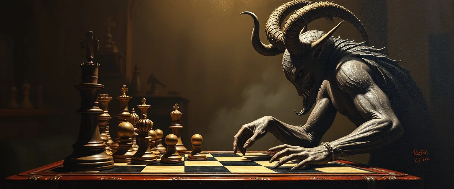 pin hole cam, master oil painting by Rembrandt, realistic rendering chess demon a sense of depth