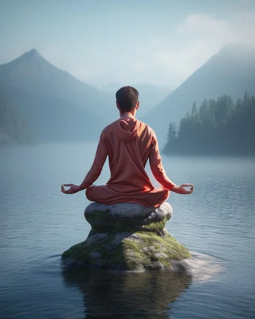 person meditating floating above water with mountains in the background