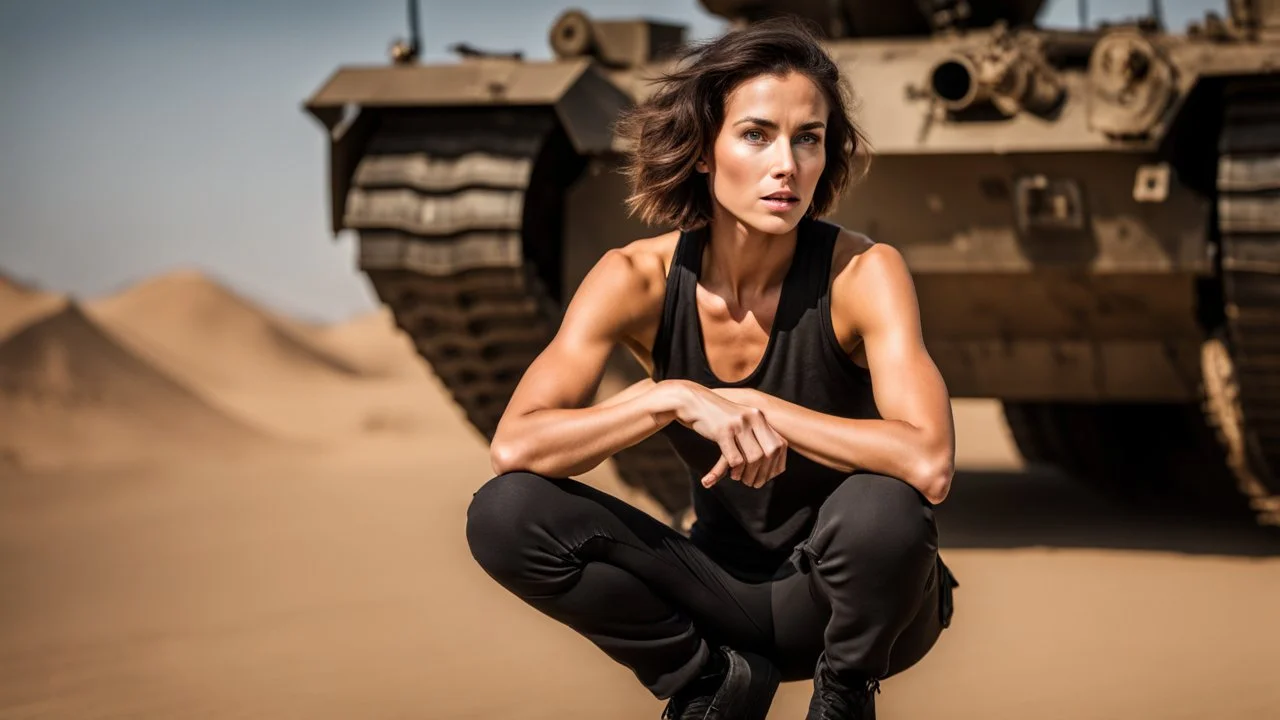 beautiful slender caucasian female technician, black tank top, well toned muscles, weathered face, scratched sand camo metal details, short brunette wavy bob haircut, dystopian, desert scene, jumping from a futuristic tank