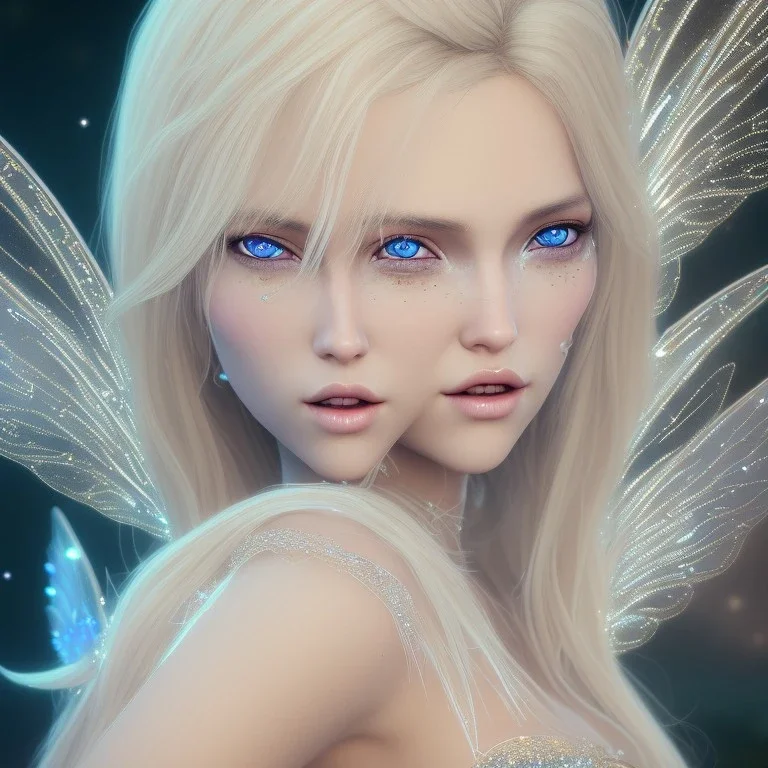 beautiful blonde fairy in a galactic ambiance, transparent wings, delicate colors, finely tuned detail, ultra high definition, 8 k, unreal engine 5, ultra sharp focus