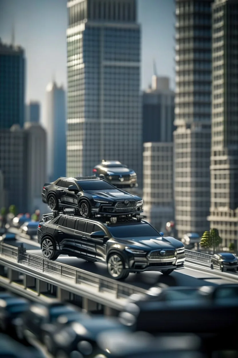 elevated motorcade in air on top of sky scrapers, shot on Hasselblad h6d-400c, zeiss prime lens, bokeh like f/0.8, tilt-shift lens 8k, high detail, smooth render, down-light, unreal engine, prize winning