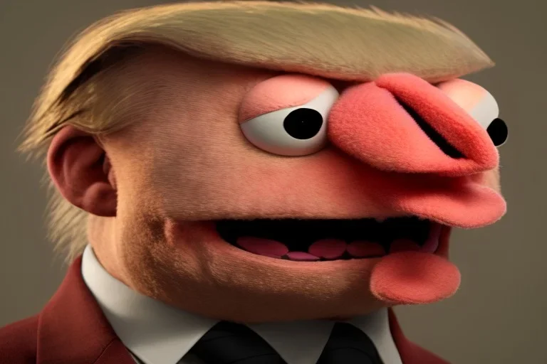 Very Angry muppet trump in suit, no tongue, looking forward, face, Small, round puffball nose