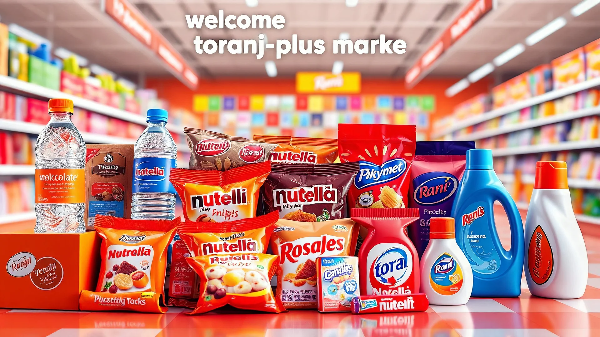 A 3D design of supermarket products such as mineral water, chocolate, packaged cakes, chips, puffs, Nutella, Rani, candy, shampoo, detergent with an orange, red, and white color theme and the text (welcome to toranj plus market) at the top of the photo in a special psychedelic space.