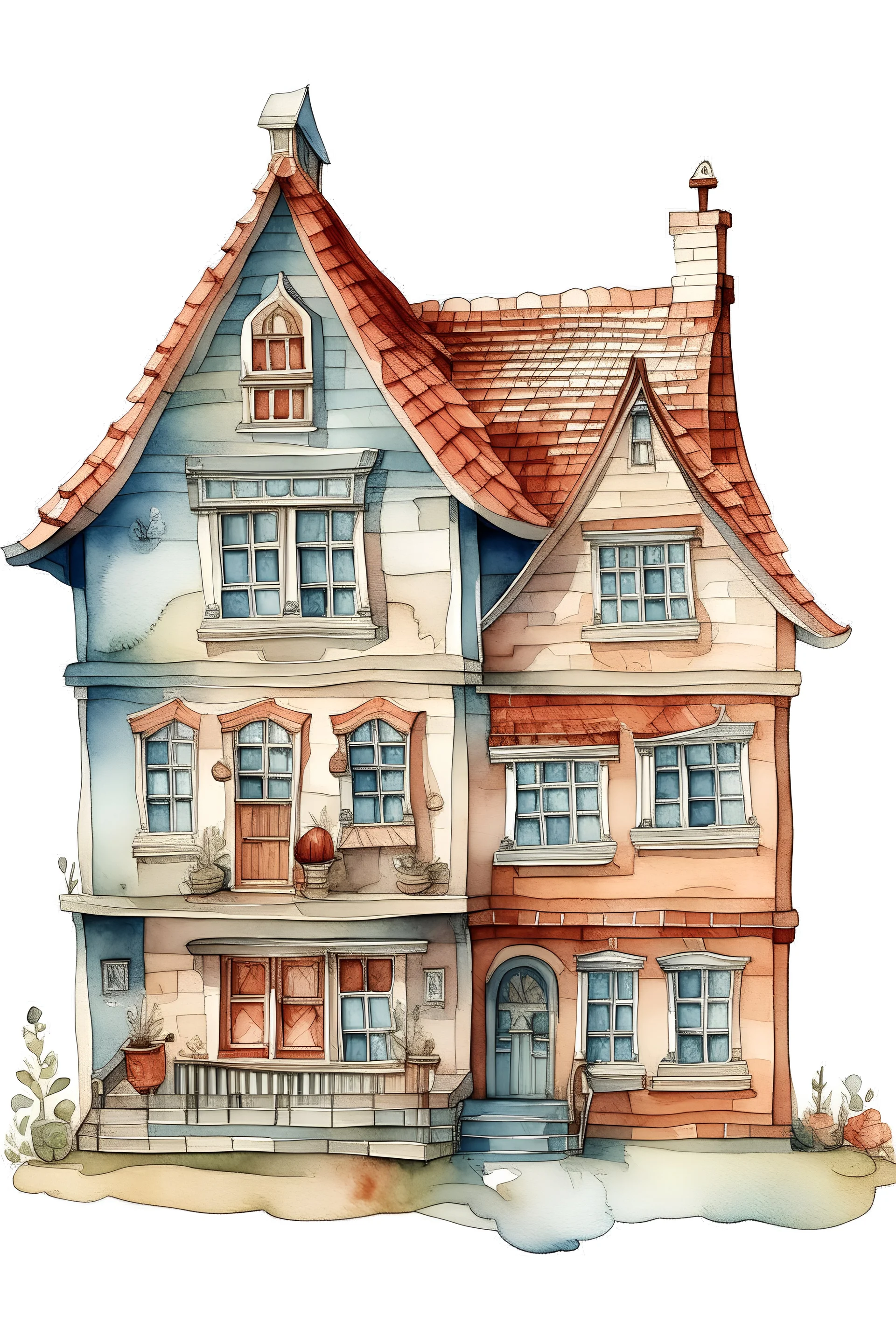 watercolor sketch of a doll house with transparent background in png format