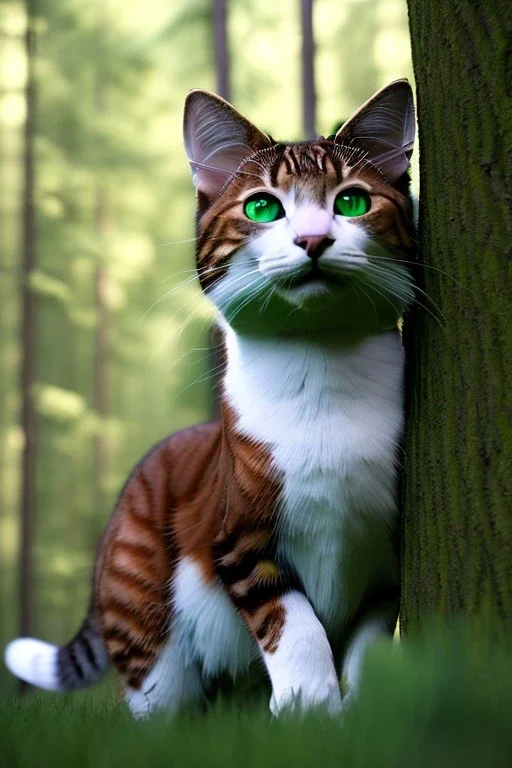 Clear focus,High resolution,High quality,druid, yellow long hair, green eyes, cat ears, Realistic, ghosr in the shell,intricate details, insanely detailed, forest background