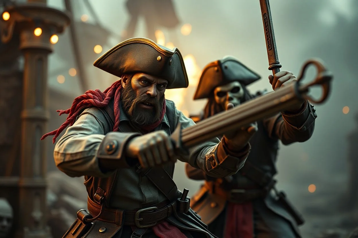 bad ass nerd swashbuckler pirates fighting decapitating like crazy in the style of Fallout 4 , bokeh like f/0.8, tilt-shift lens 8k, high detail, smooth render, down-light, unreal engine, prize winning