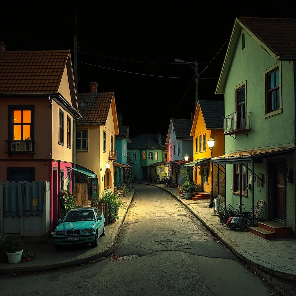 Fotografia di strada random assurda e falsa orripilante weirdcore dai colori vivaci. Non luogo falso, inusuale. Max Ernst. Le case sono false e dipinte di chiaro con cose stilizzate e dettagli. Ci sono strane. , che danno un senso distopico e molto surreale, disposte in modo casuale. L'atmosfera generale sembra noiosa e onirica, con un contrasto tra elementi reali ed elementi dipinti falsi, René Magritte