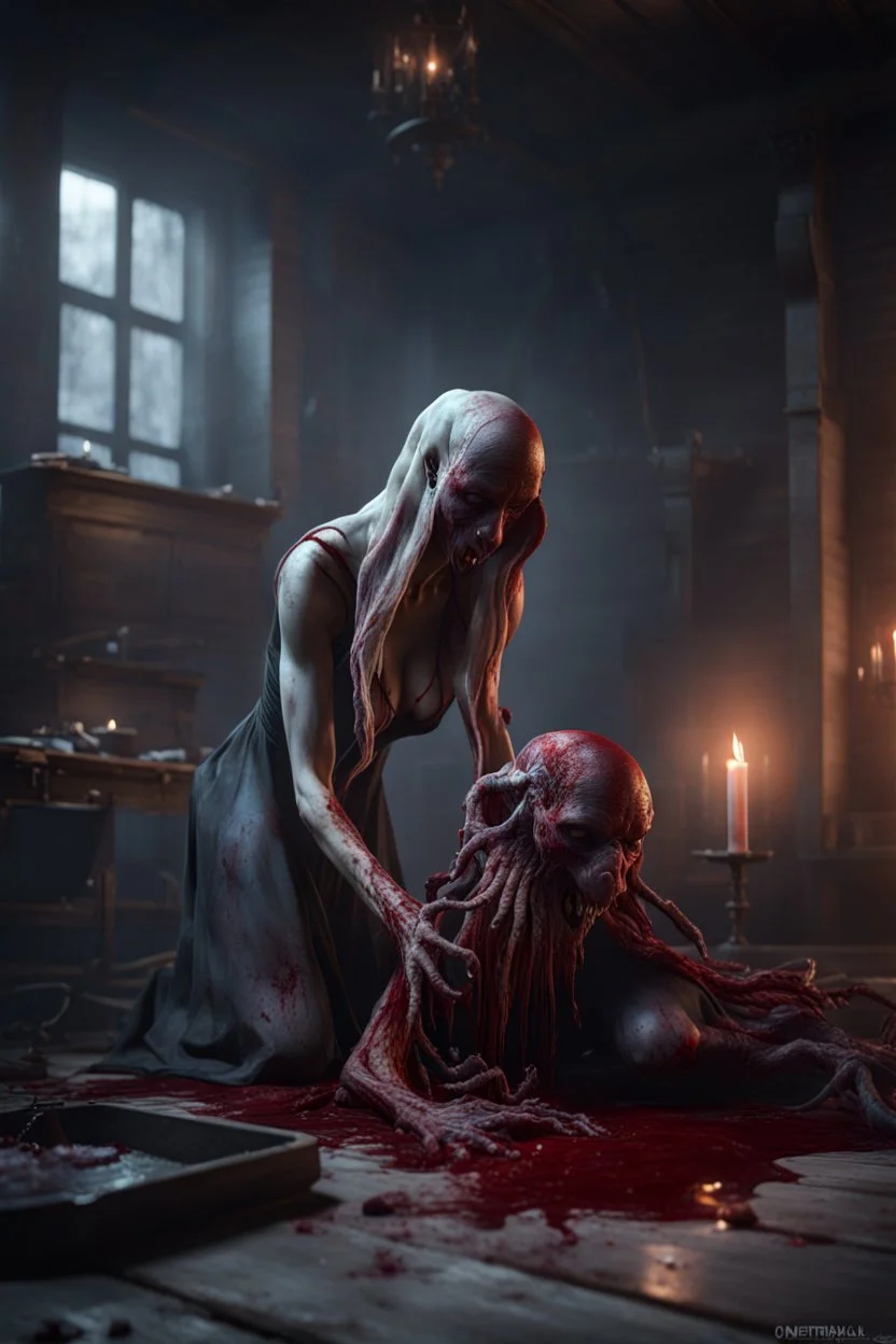 Undead female mind flayer draining the blood from corpse. full body shot. fantasy and intense horror setting, Cinematic lighting, Volumetric lighting, Epic composition, Photorealism, Very high detail, Character design, Unreal Engine, Octane render, HDR, Subsurface scattering, fantasy art,