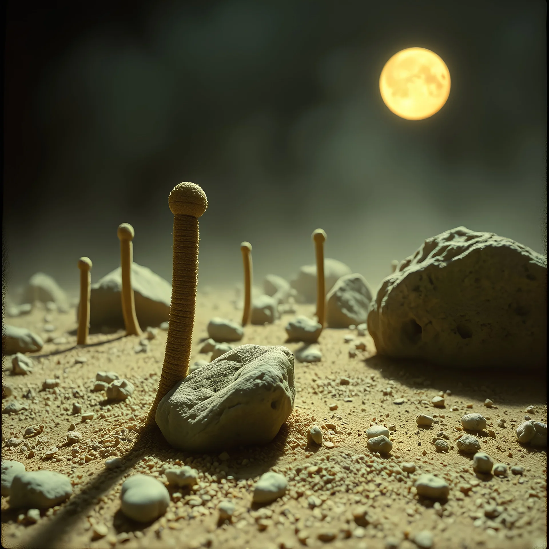 A striking quality close-up Kodak photograph captures a wasteland with odd stones, odd spindle-shaped objects, spooky, creepy, details of the dust very accentuated, glossy, organic, adorned with minerals and rocks, fog. Bathed in feeble light, eerie, Max Ernst style, black sun, fog, volumetric light