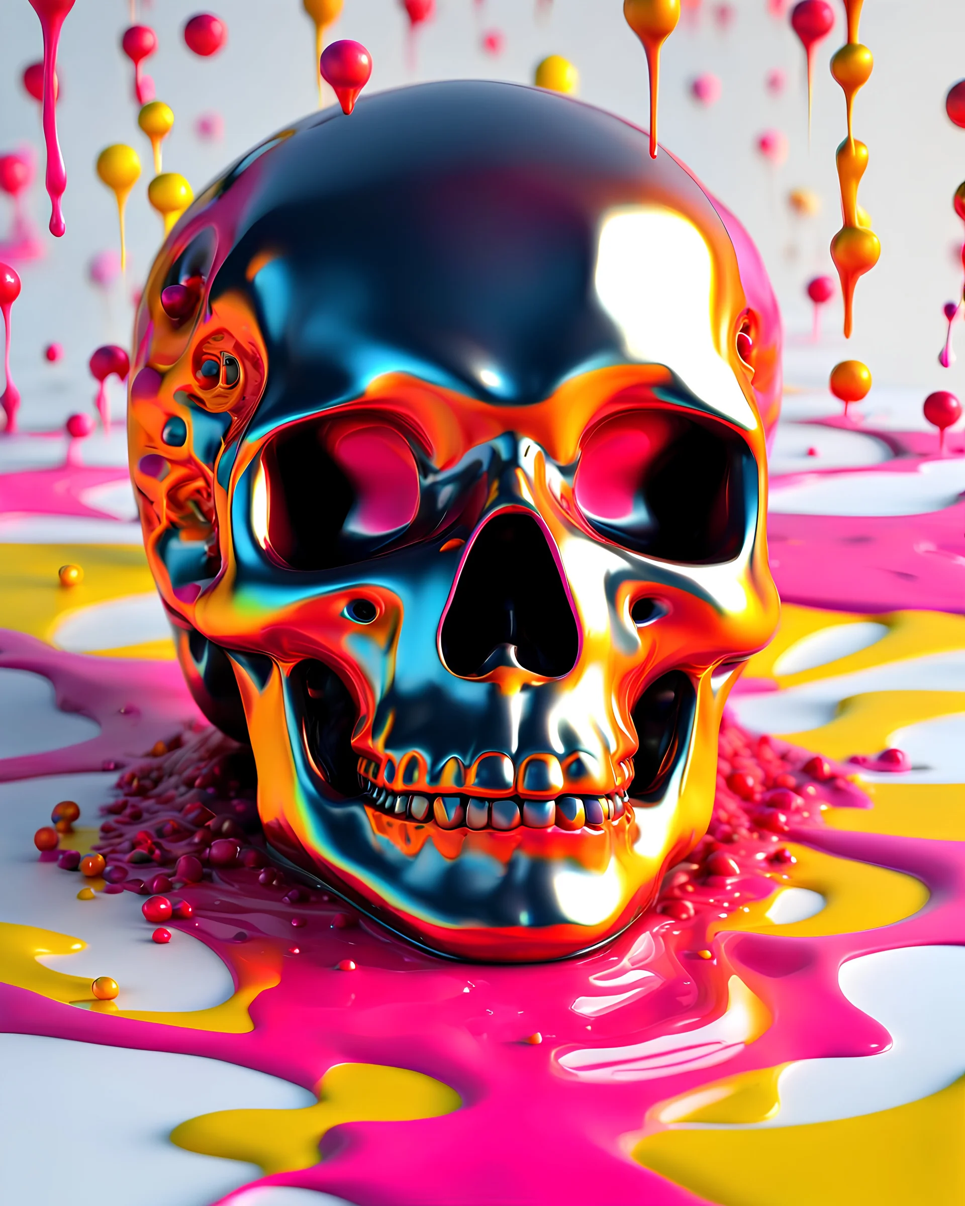 ((melting black skull)) dripping pink and yellow acrylic paint, fluid form, gooey, 3D animation style, rainbow coloured sprinkles, 3D expressive CGI, animated photorealism, liquid pop surrealism, ((Art Baltazar, Salvador Dali and Francis Bacon)), HDRI, hyper detailed, stylised, creative cinematic, lighting, depth of field, smooth surface, vibrant, surreal art, ray tracing, rim lighting, ground reflections, cgsociety, Maya, Arnold Render, Houdini FX